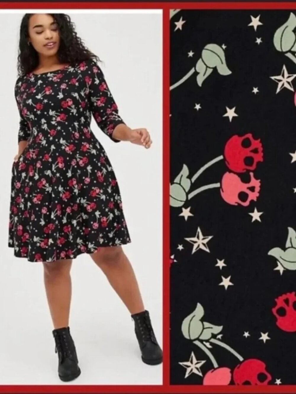 NWT Torrid Skull Cherry Star Skater Dress Size 2X Black Rockabilly Goth